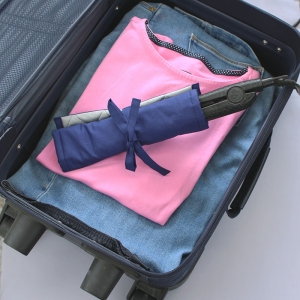 photo of Garment Saver's styling iron organizer in use in a suitcase